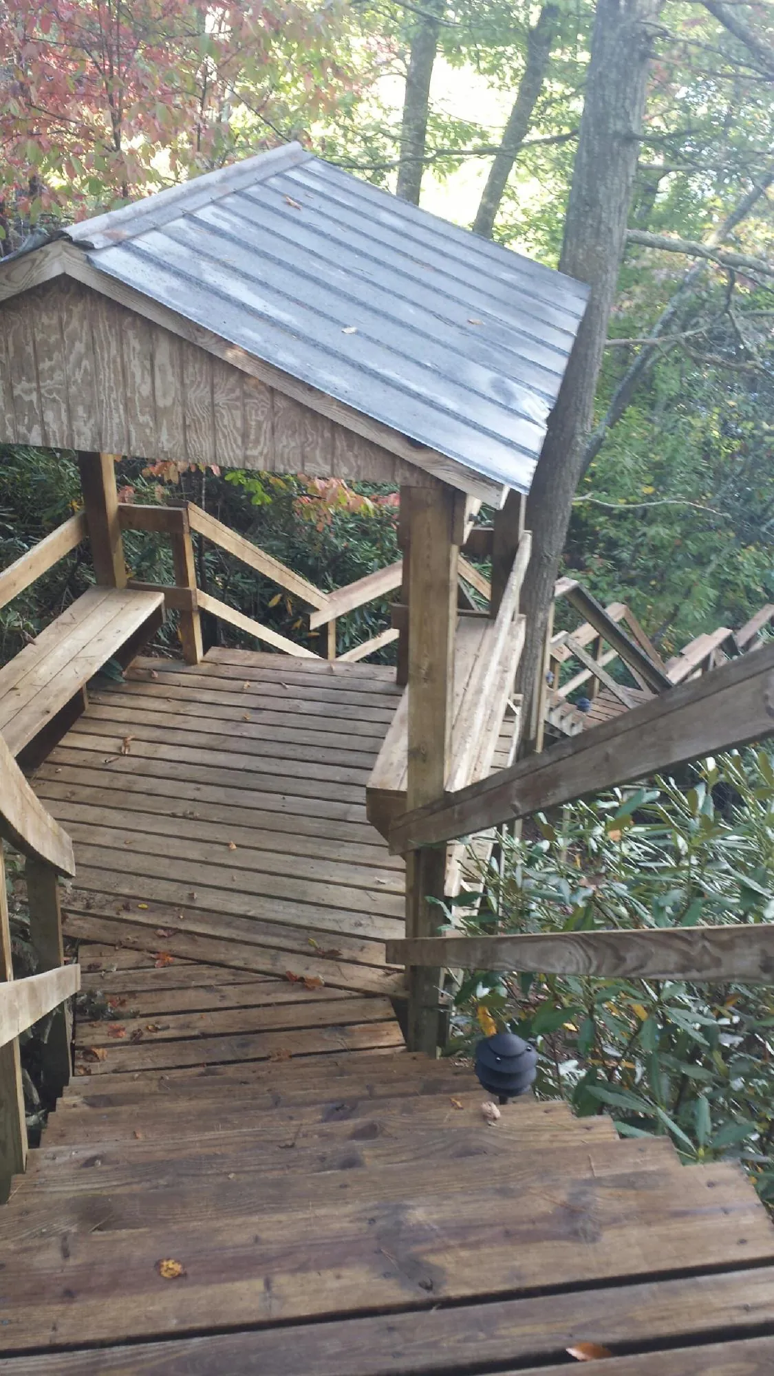 Metal roofed shelter over wooden steps on a wooded walkway — Skylight Repair & Installation work by our crew in Montgomery Creek
